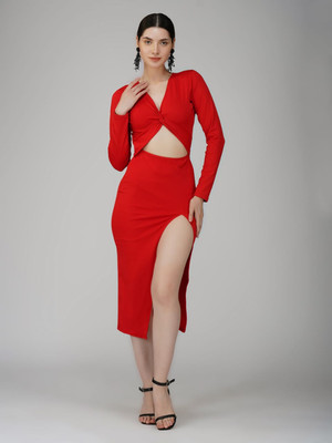 ekeshwara Women Bodycon Red Knee Length Dress