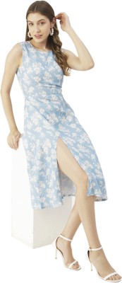 moomaya Women A-line Light Blue, White Dress