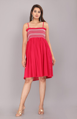 CHOLKI Women Fit and Flare Red Above Knee/Mid Thigh Length Dress