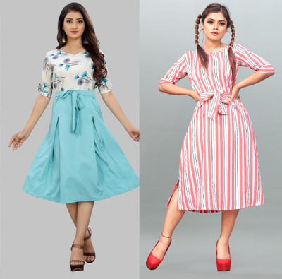 tanvi creation Women Fit and Flare Blue Below Knee Dress