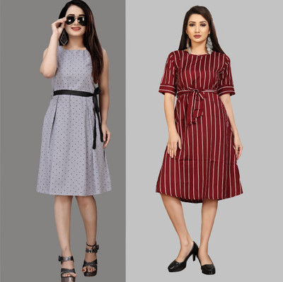 tanvi creation Women Fit and Flare Grey, Maroon Knee Length Dress