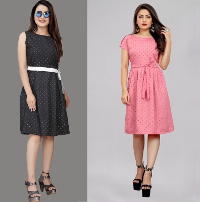 tanvi creation Women Fit and Flare Black, Pink, White Dress