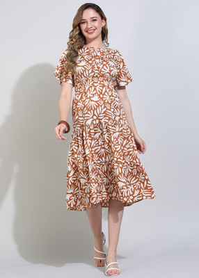 Clory fashion Women Fit and Flare Beige Midi/Calf Length Dress