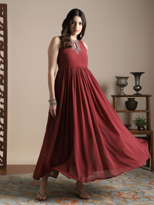 Globus Women A-line Maroon Maxi/Full Length Dress