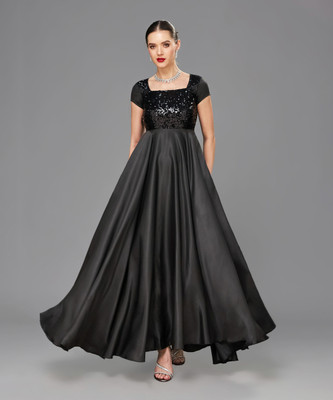 Miss Chase Women Fit and Flare Black Maxi/Full Length Dress