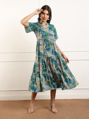 True Shape Women Fit and Flare Green Below Knee Dress