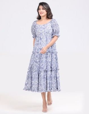 ETWEE Women Fit and Flare Blue, White Dress