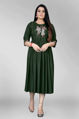 ShopGlobal Women Fit and Flare Dark Green Midi/Calf Length Dress