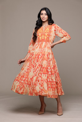 aarke Ritu Kumar Women Fit and Flare Orange Maxi/Full Length Dress