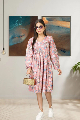 KASTURI Women Fit and Flare Pink Below Knee Dress