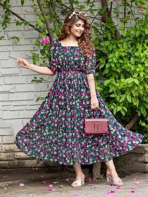 london belly Women Fit and Flare Black, Pink, White, Green Midi/Calf Length Dress