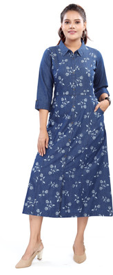 Aprika Women A-line Blue Midi/Calf Length Dress