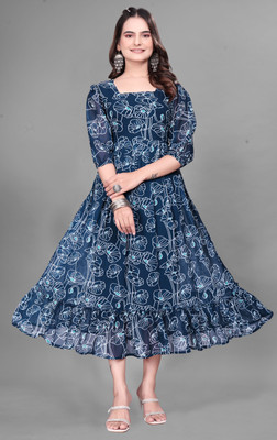 QUEUEE CREATION Women Fit and Flare Light Blue Midi/Calf Length Dress