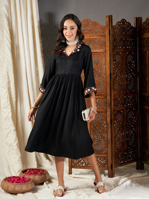 Shae by SASSAFRAS Women Gathered Black Midi/Calf Length Dress