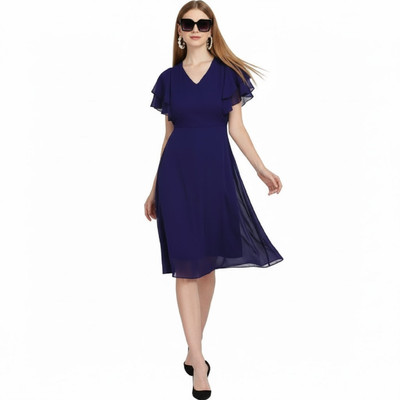color world Women A-line Blue Knee Length Dress