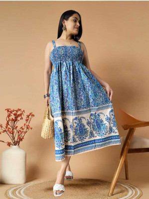 Shiv Homiefix Women Maxi Blue, Multicolor Midi/Calf Length Dress