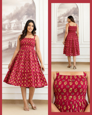 NG CREATION Women Fit and Flare Red Midi/Calf Length Dress