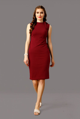 PINZY Women Bodycon Maroon Above Knee/Mid Thigh Length Dress