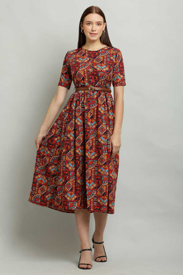 Shyammc Women Fit and Flare Maroon Midi/Calf Length Dress