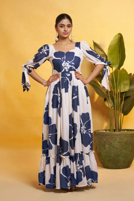 Fashion2wear Women Gown Blue, Beige Maxi/Full Length Dress