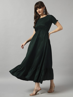 Jash Creation Women Fit and Flare Green Maxi/Full Length Dress