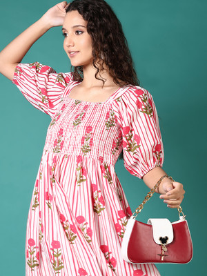 V-MART Women Fit and Flare Pink Below Knee Dress