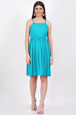 Majestykart Women Fit and Flare Light Blue Knee Length Dress