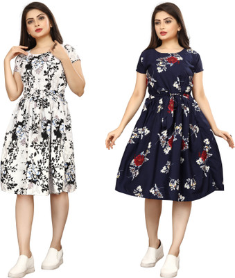 HouseOfCommon Women Fit and Flare White, Black, Dark Blue Below Knee Dress