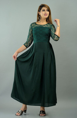 IQRAAR Women Fit and Flare Green Maxi/Full Length Dress