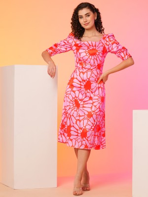 Globus Women Fit and Flare Pink, Orange Dress