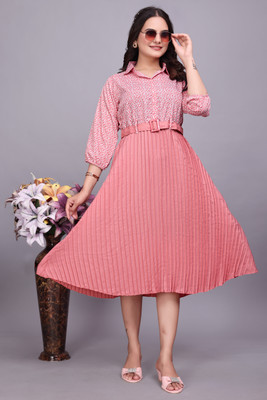 HouseOfCommon Women Fit and Flare Pink Midi/Calf Length Dress