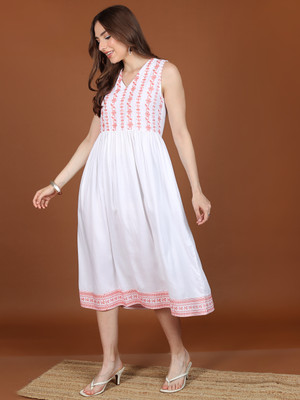 Vishudh Women A-line White, Red Midi/Calf Length Dress