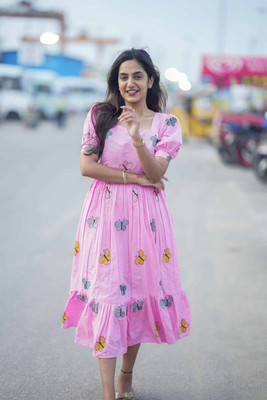 Sirho Women Fit and Flare Pink Midi/Calf Length Dress