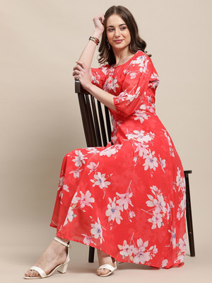 Fabflee Women A-line Red Midi/Calf Length Dress
