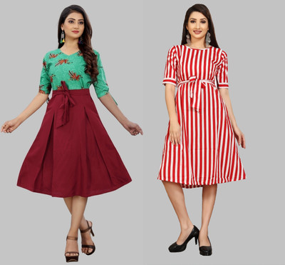 tanvi creation Women Fit and Flare Maroon Below Knee Dress