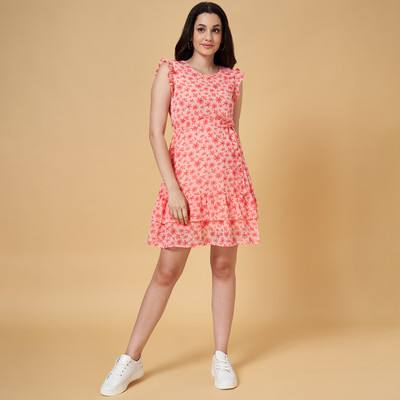 PEOPLE Women Fit and Flare Pink, Red Knee Length Dress