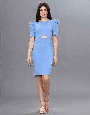 Selvia Women Bodycon Light Blue Above Knee/Mid Thigh Length Dress