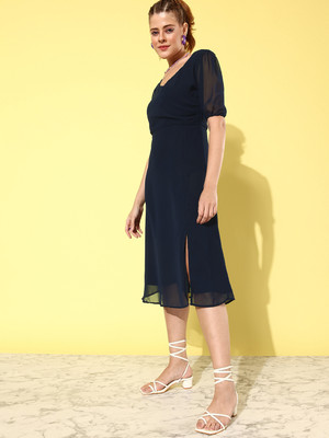 ANVI Be Yourself Women A-line Dark Blue Midi/Calf Length Dress