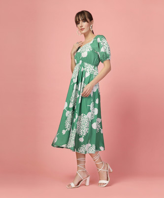 Oomph! Women Fit and Flare Green Midi/Calf Length Dress
