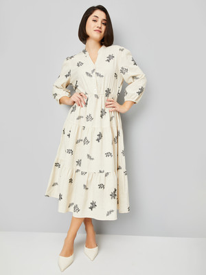 MAX Women Tiered Beige Midi/Calf Length Dress