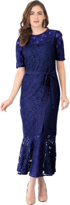 oriexfabb Girls Calf Length Casual Dress(Blue, Half Sleeve)