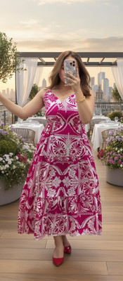 BLOOMORAA FASHION Women A-line Pink, White Maxi/Full Length Dress