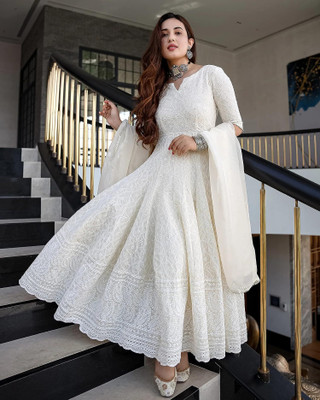 Pant n lites Women Gown White Midi/Calf Length Dress