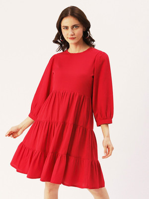 Dressberry Women Fit and Flare Red Above Knee/Mid Thigh Length Dress