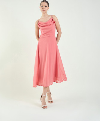 AAYU Women Fit and Flare Pink Midi/Calf Length Dress