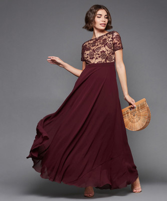 Miss Chase Women Fit and Flare Maroon, Beige Maxi/Full Length Dress