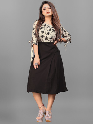 BRIGHT WORLD Women Fit and Flare Black, Beige Midi/Calf Length Dress