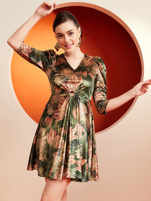 KASSUALLY Women Drop Waist Dark Green, Orange Above Knee/Mid Thigh Length Dress