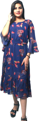 NICKSDESIGN Women A-line Blue Midi/Calf Length Dress