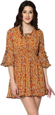 CELESTINA Women Fit and Flare Yellow Mini/Short Dress
